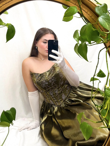 Vintage A Line Beads Olive Green Satin Long Prom Dress Evening Dress HZ1023